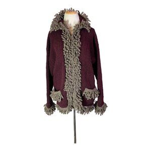 Otavalo Size L? THICK Knit Wool Zip-Front Jacket Burgundy Hand Made in Ecuador
